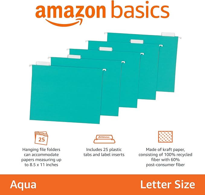 Amazon Basics Hanging File Folders with Adjustable Tabs for Document Organization, Letter Size, Aqua, 25-Pack