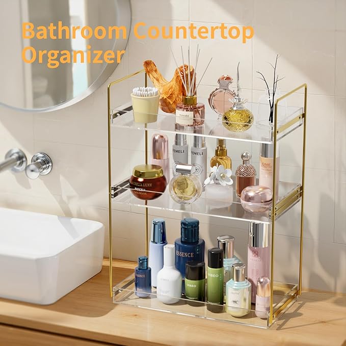 Bathroom Countertop Organizer, 3 Tier Acrylic Tray Vanity Counter Skincare Organizer Shelf, Kitchen Under Sink Standing Rack, Home Storage Holder for Lotion Makeup Cosmetics Perfume Spice, Gold | Vanity Counter
