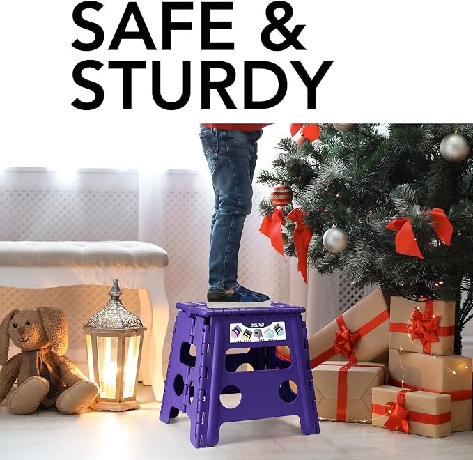 Delxo Folding Step Stool, 13 inch Non-Slip Foldable Stools Up to 300 LBS, Step Stool with Handle, Lightweight for Kitchen, Bathroom, Bedroom, Garden, Purple, 1PC