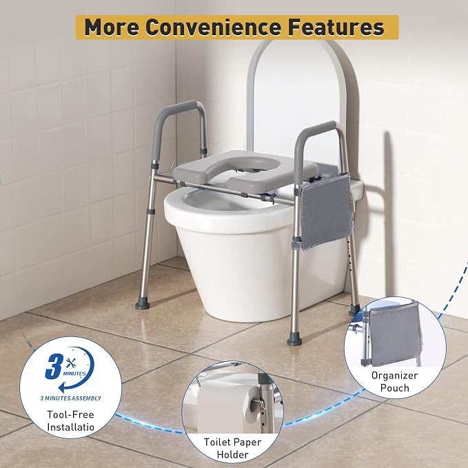 WHLICKS 500lbs Raised Toilet Seat with Handles – Adjustable Width Elevated Seat, Cozy Padded Toilet Seat Risers for Seniors, Handicap & Disabled, Fits All Toilets, Gray