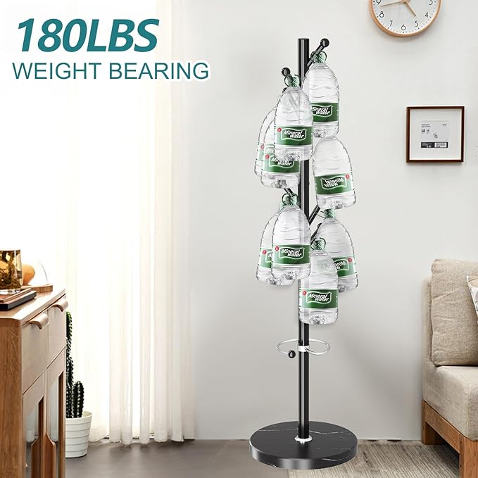 OIRUMIE Coat Rack with Natural Marble Base, Metal Coat Racks Freestanding, Modern Coat Rack Stand with 8 Hooks& Umbrella Holder, Black Coat Clothes Tree Hats Hanger Stand for Entryway, Hallway
