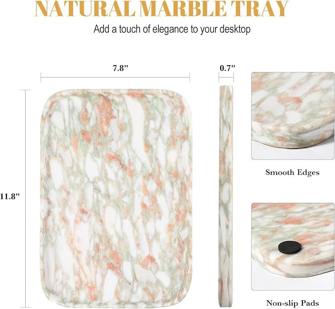 Koville Marble Tray, 12"x8" Marble Vanity Tray for Countertop Bathroom Kitchen Dresser, Decorative Catchall Trays for Perfume Jewelry, Rectangular Stone Serving Tray(Rosso Norvegian)