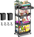 Goovilla 4 Tier Rolling Utility Cart Organizer with Removable Drawer, Stable and Sturdy Black Rolling Storage Carts with 2 Lockable Wheels for Bathroom, Kitchen, Snack, Craft, Makeup, Baby Essentials
