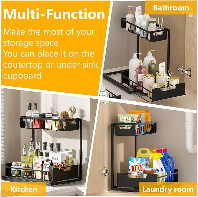 Ceetug Under Kitchen Sink Organizers and Storage Pull Out 2 Tier Metal Bathroom Cabinet Organizer (Black, 2 Pack)