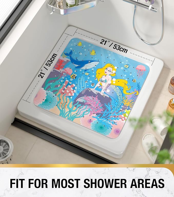 HITSLAM Square Shower Stall Mat Anti Slip, Quick Dry 21x21 Inch Bathtub Floor Mat for Kids with Suction Cups and Drainage Holes, Machine Wash, Soft on Feet, Mermaid