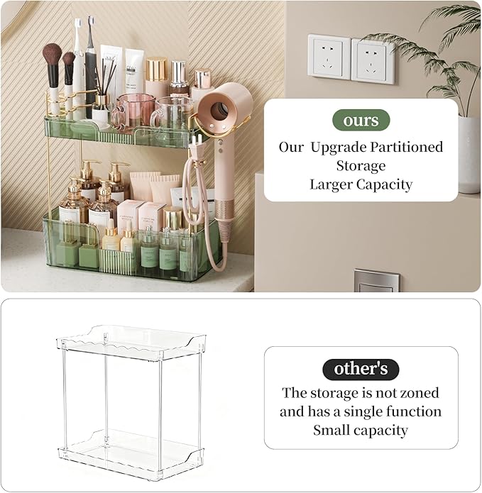 Bathroom Counter Organizer for Vanity, Makeup Organizer Countertop with Holder, Large Capacity Storage Rack, Perfect Large Skincare, Hair Care, Perfume, Easy to Install (Green, 2Tiers)
