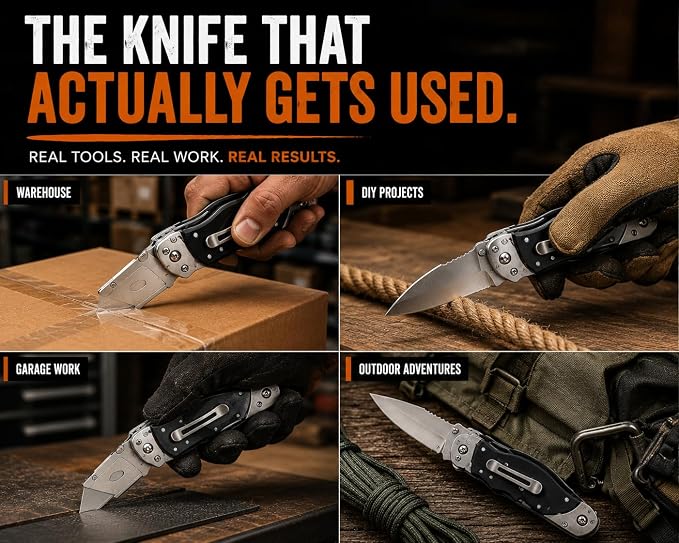 Folding Utility Knife with Belt Clip, Heavy Duty Pocket Knife & Box Cutter Gift Set for Men - Ideal for Work and Everyday Carry