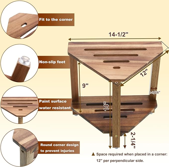 IBosins Corner Shower Stool with Storage Shelf Shower Foot Rest for Shaving Legs Small Bench for Inside Shower to Sit on Bath Seat - Acacia Wood
