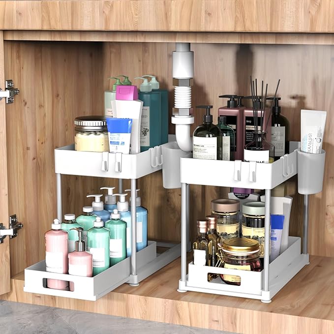 2 Pack Under Sink Organizer with Pull-Out Drawer, White | 2-Tier Cabinet Storage, Kitchen & Bathroom, Tool-Free Assembly, Fits Cleaning Supplies & Toiletries, Space Saving
