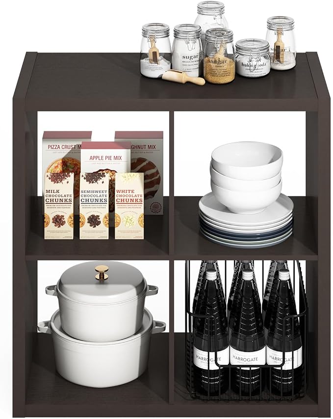 Furinno HERMITE Kitchen Island, 4-Cube Coffee Bar, Extra Thick Kitchen Storage, Bakers Rack, for Pantry Organizers and Storage, Kitchen Organization, Black Dark Oak