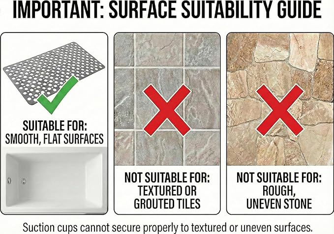 Nonslip Bath Tub Shower Mat with Suction Cups, Extra Soft TPE Bath Mat for Kids, Bathtub Bathroom Mats, Machine Washable, Smooth/Non-Textured Tubs Only, 30L x 17W Inch (Light Gray)