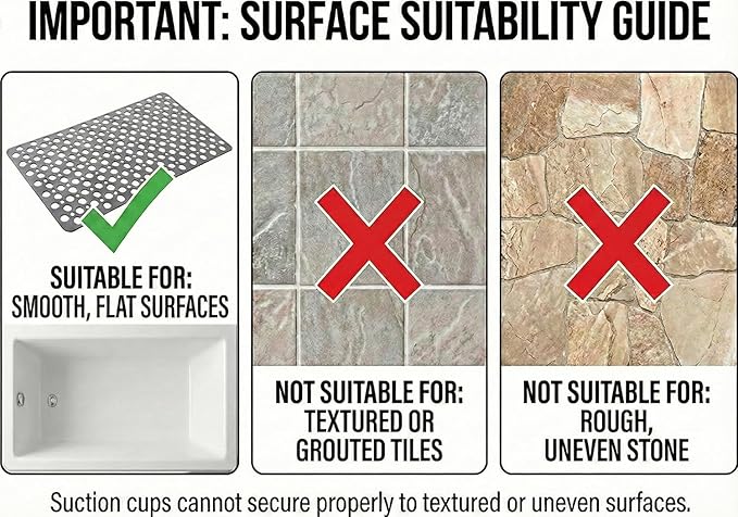 Nonslip Bathtub Mat Extra Soft TPE Bath Mat for Kids, Machine Washable Bathroom Shower Mat, Smooth/Non-Textured Tubs Only, 35L x 16W Inch (Light Gray)