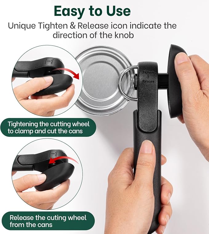 Beneno Can Opener, Safety Side Cut Manual Can Opener with Sharp Cutting Blade Smooth Edge, Effortless Easy to Turn Knob, Comfort Grip Handle, Smooth Cutting Can Lid with no Sharp Edges, Black