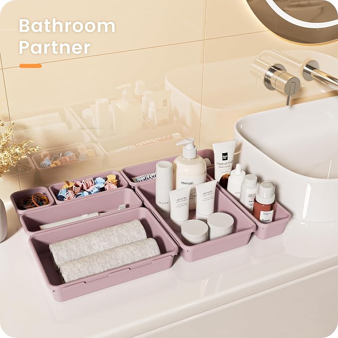 A-LuGei 【Military Grade Drawer Organizer, 【𝟱𝗦𝗶𝘇𝗲】 Makeup organizer, 【Holds 177 Items】 Bathroom Organizers and Storage, Organization and Storage, Desk Drawer Organizer for Vanity (Lilac)