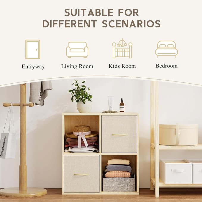 EXPERLAM 4 Cube Storage Organizer - Solid Wood Bookshelf with 2 Storage Bins, Cube Shelf with 2 Removable Back Panels, Vertical or Horizontal Bookcase, Open Book Shelf for Bedroom, Living Room, Office