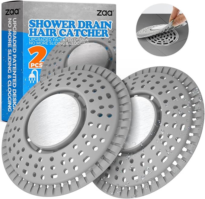 zaa Shower Drain Hair Catcher - Drain Protector & Shower Drain Cover for Regular Floor Drains of Shower Room, Bathroom, Upgraded 2Pack Premium Silicone & 304 Stainless Steel, Gray