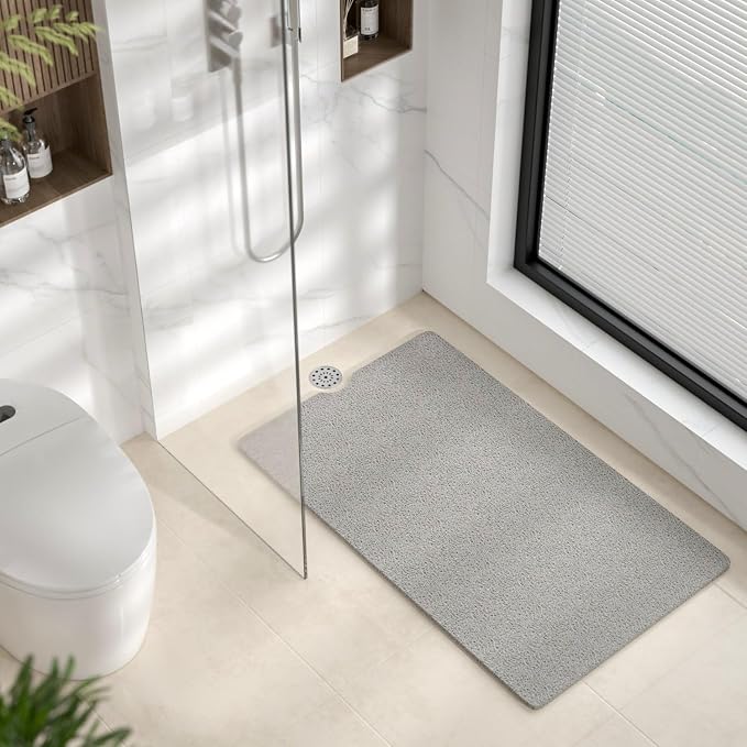 HITSLAM Non Slip Bathtub Mat 40 x 28 Inch, Extra Long Bath Mat for Tub, Soft PVC Loofah Shower Floor Mat with Drain, Quick Drying Bathroom Tub Mat for Wet Area, Without Suction Cup, Grey