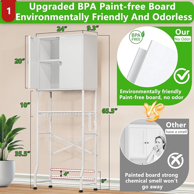 Over The Toilet Storage Cabinet - 2-Door Design Bathroom Organizers Shelf, Freestanding Space-Saver Above Toilet Storage Cabinet with Privacy Protection Rack, Water-Resistant Toilet Shelves (White)