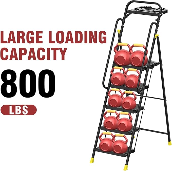 5 Step Foldable Step Ladder Stool with Roomy Tool Tray and Secure Handrail, Foldable Platform Ladder 5 Step Folding Stepstools with Wide Pedals and 800lbs Weight Capacity for Adults, Home, Kitchen