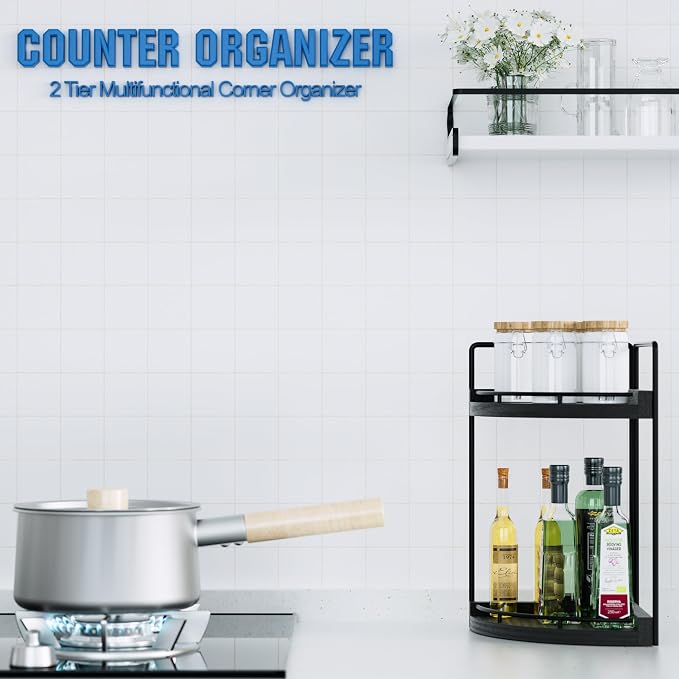 Corner Bathroom Counter Organizer, 2 Tier Wood Vanity Storage, Waterproof Skincare Shelf for Kitchen & Toiletries Decor, Dresser (Black-2 Tier)
