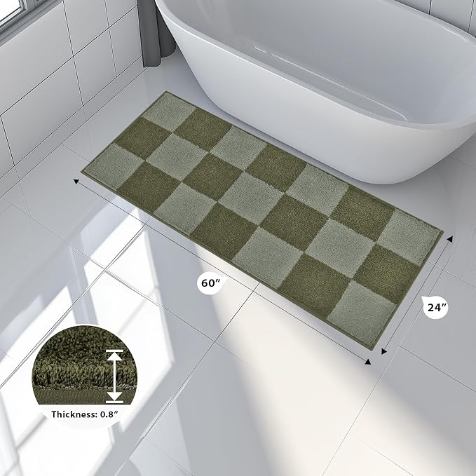 anllugs Bathroom Rugs 24" x 60", Non-Slip Extra Soft Absorbent Bath Rugs, Machine Washable Quick Dry Bath Mats for Bathroom Floor, Shower, Bathtub and Sink, Checkered Budding Green & Sage Green