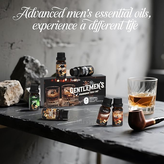 Soulorigin Gentleman Fragrance Oils Set, Essential Oil for Diffuser, Diffuser Oil, Use for Soap Candle Making, Sandalwood, Cedar, Rum, Leather, Smoky Oud, and Frankincense & Myrrh