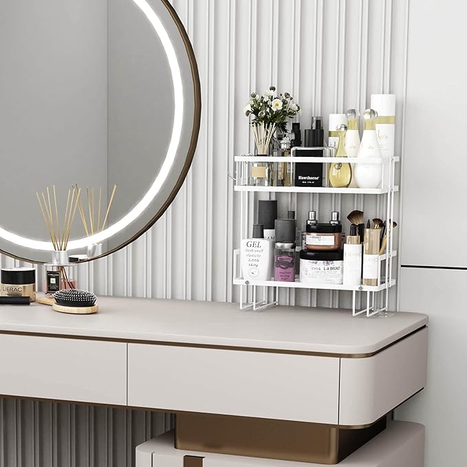 Godboat Bathroom Organizer - Over the Toilet Storage Cabinet, 2-Tier Floating Shelves, Wall Shelf with 2 Hooks & Paper Rack, Cool Accessories & Decor, Gifts for Women, Mothers Day (White)