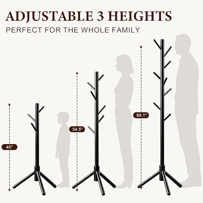Wooden Coat Rack Freestanding with 8 Hooks & 3 Adjustable Sizes for Clothes, Space-Saving Design for Bedroom Office Entrance Holds Hats Coats Scarves Bags