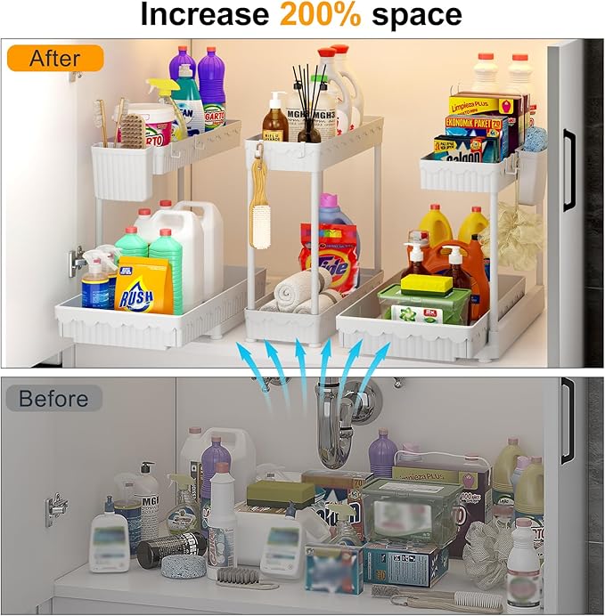 Sevenblue 3 Pack Multi-Purpose Pull-Out Storage Organizers, 2-Tier L-Shaped Under Sink/Cabinet Organizers and Storage for Bathroom & Kitchen,White,14.85 Inch