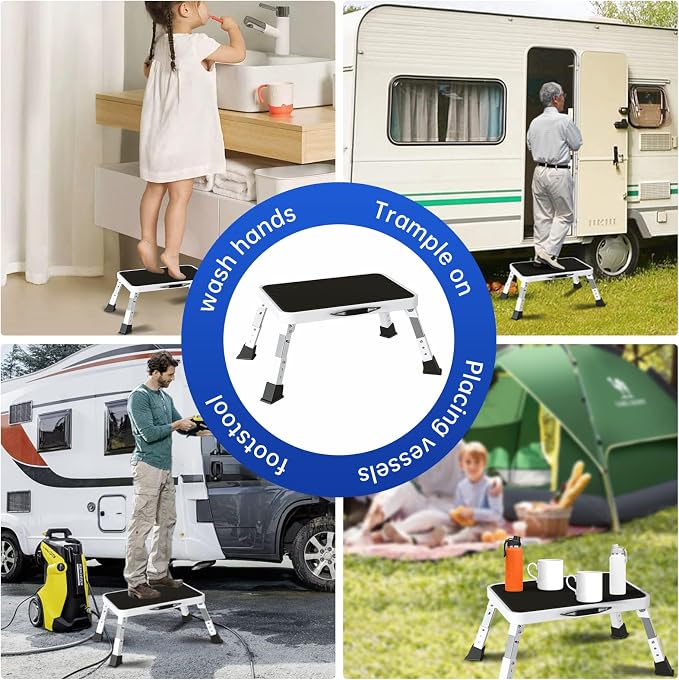 Metal Step Stool Foldable Adjustable Height Sturdy Stable Step Ladder with a Non-Slip Platform Camper Step Stool with Non-Slip Rubber Feet, Easy to Carry (White)