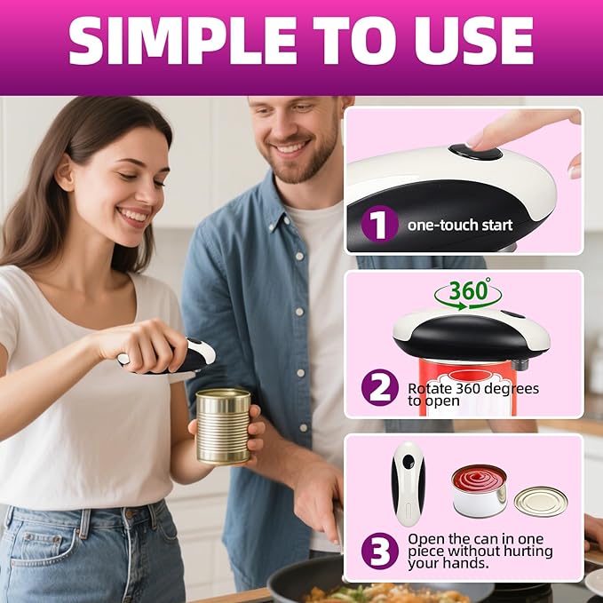 Rechargeable Electric Can Opener, Portable Gadgets Side Automatic Opener Can Food Safety,Smooth Edged for Seniors with Arthritis for All CanSizes (Black &White)