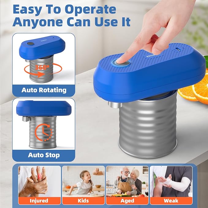 Auto Electric Can Opener, Rechargeable Can Openers for Seniors & Arthritis, One-Touch Automatic Can Opener, Hands-Free, Smooth Edge, Compact,Small - Auto Stop，Blue