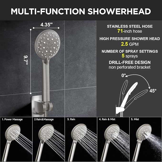 Veken 11.8" Brushed Nickel Rain Shower Head with Handheld, High Pressure Handheld Shower Heads with Multi Spray Modes,Rainfall Combo with 15" Metal Extension Arm,Detachable Dual Shower,Regaderas Para