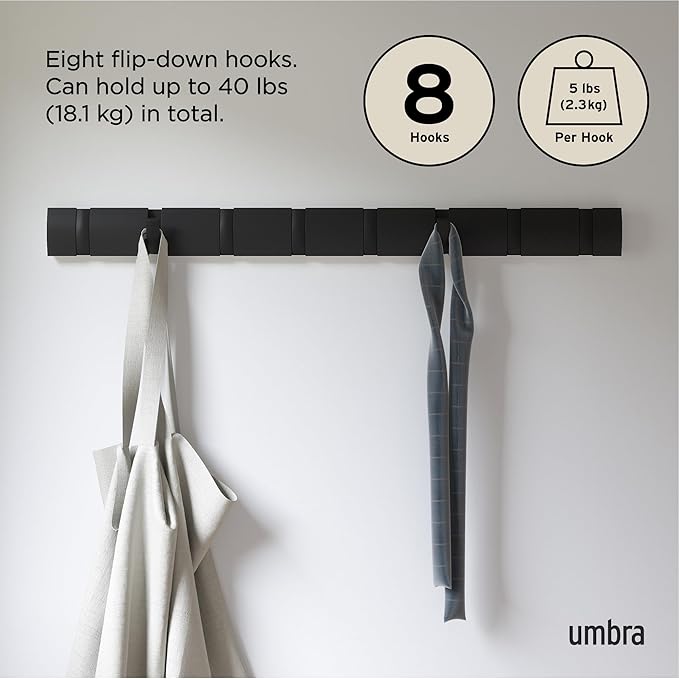 Umbra Flip Wall-Mounted Coat Rack with 8 Hooks – Modern, Space-Saving Storage for Hats, Jackets, Bags, Entryway, Mudroom, Closet, Bathroom, Bedroom – Black
