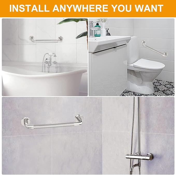 2 Pack 18 inch Shower Grab Bar with Knurled Anti-Slip Grip, ADA 500lbs Supporting, Grab Bar for Bathroom with Concealed Screws, Stainless Steel Chrome Polished Handicap Grab Bar for Gifts