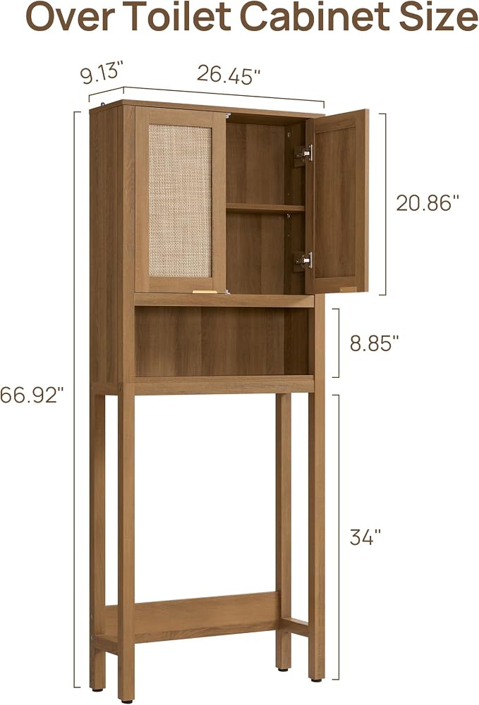 SICOTAS Over The Toilet Storage Cabinet with Rattan Door, Freestanding Bathroom Organizer with Adjustable Shelf, Space Saver Cabinet for Bathroom, Laundry Room, Restroom