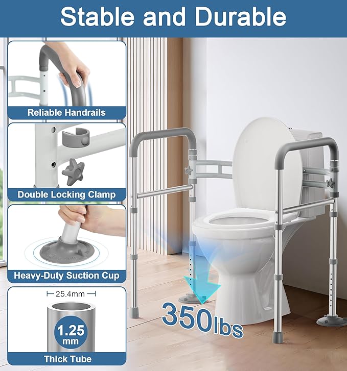 Toilet Safety Rails for Seniors (350 LBS), Adjustable Toilet Safety Frame for Elderly and Disabled, Foldable Handicap Toilet Assistance Rail Fits Most Toilets, Gray