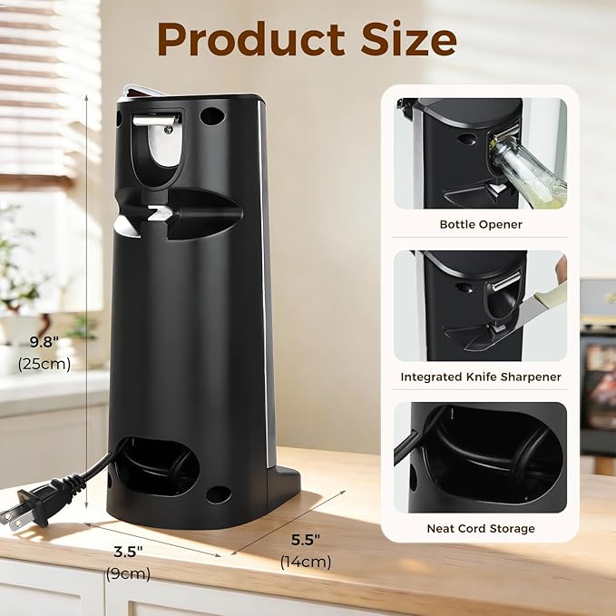 Davivy Electric Can Opener, One Touch Lid Opener, Removable Stainless Steel Cutter and 3-in-1 Design, with Sharpener and Bottle Opener (Stainless Steel-Black)