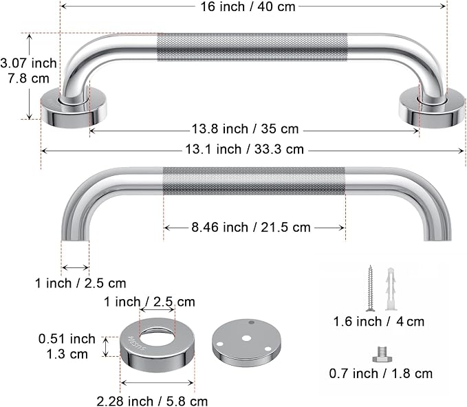 16 Inch Anti-Slip Shower Grab Bar, iMomwee Chrome Stainless Steel Bathroom Grab Bar Handle with Textured Grip, Shower Balance Bar, Safety Hand Rail Support, Handicap Elderly Senior Assist Bath Handle