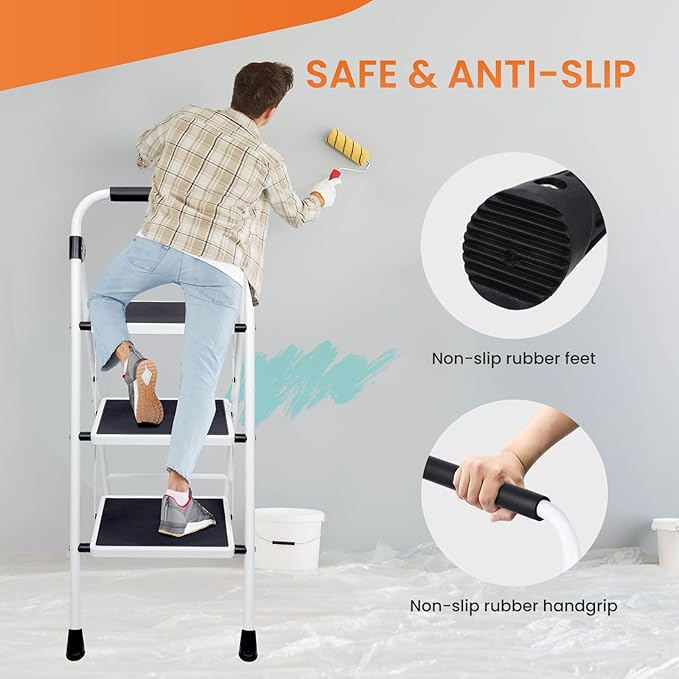 Sweetcrispy 3 Step Ladder, 330lbs Folding Step Stool with Wide Anti-Slip Pedal, Sturdy Ladder, Convenient Handrail, Lightweight, Portable Step Stool Black