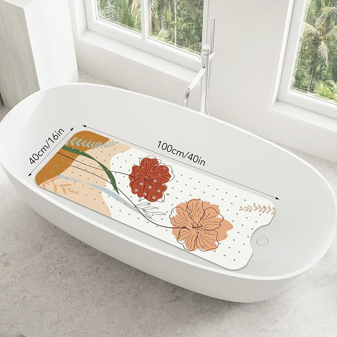 SHUCHING Boho Flower Bath Mat for Tub Non Slip-40 X 16 Inch, Non Slip Bathtub Mat for Elderly Mold Free, Long Shower Mat for Inside Shower, Machine Washable