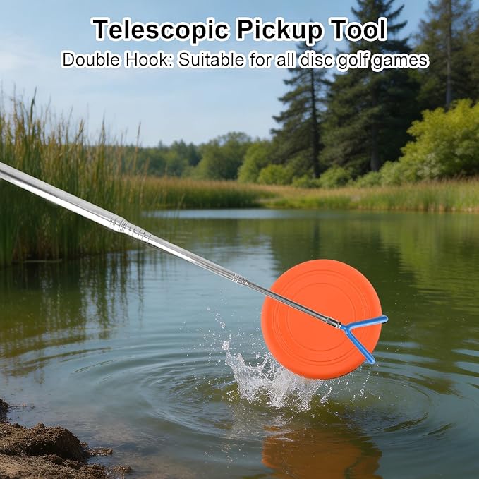 Telescoping Pickup Tool Magnetic Pole with 2 Hooks & Magnet, 300cm/10ft Extendable Push Pull Rod Grabber Wire Reacher Disc Golf Retriever for Hard-to-Reach Areas