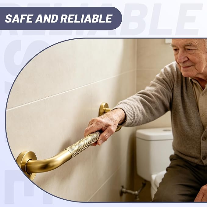 24 Inch Shower Grab Bar, Brushed Gold Anti Slip Safety Bars, 304 Stainless Steel Bathroom Handrail, Handicap Grab Bars for Wall, Shower Grip Handle for Seniors Elderly Injury Assist Bath (1.25" Dia)