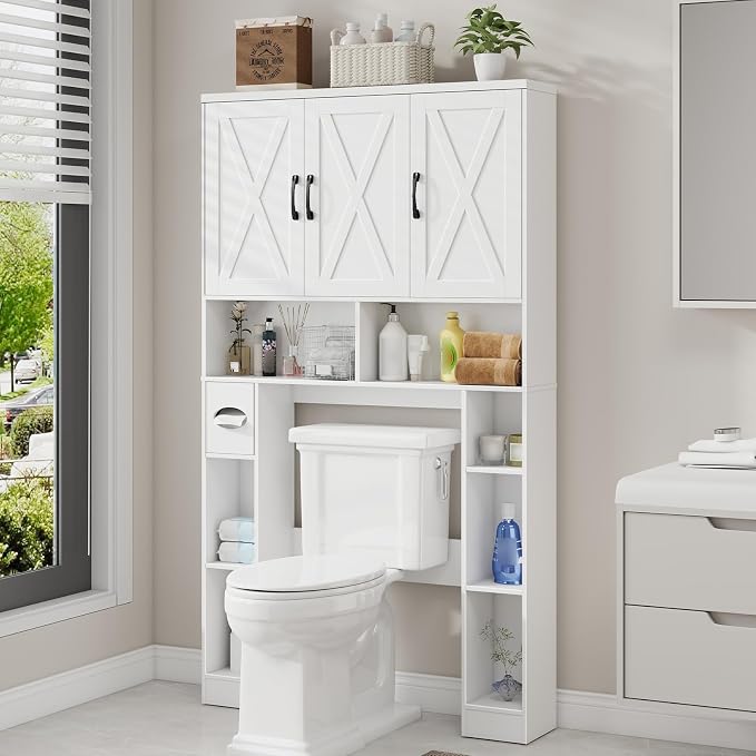 Over The Toilet Storage Cabinet, Farmhouse Toilet Cabinet Rack with 3 Barn Doors, Space Saving Bathroom Organizer with Shelves, Toilet Paper Holder and Towel Rack for Bathroom,Restroom,Laundry, White