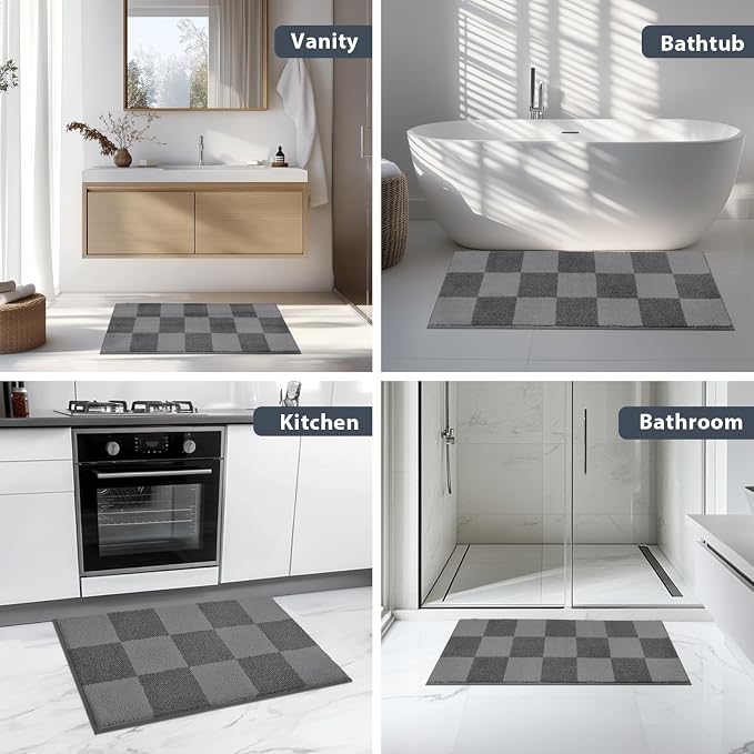 anllugs Bathroom Rugs 30" x 60", Non-Slip Extra Soft Absorbent Bath Rugs, Machine Washable Quick Dry Bath Mats for Bathroom Floor, Shower, Bathtub and Sink, Checkered Grey & Dark Grey