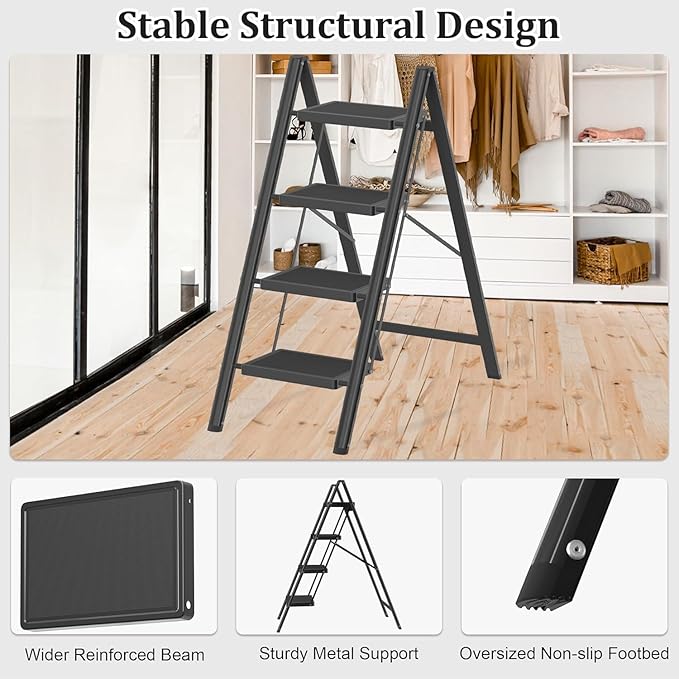 DIAMONDFORGE 4 Step Ladder, Folding Step Stool & Collapsible Stool for Kitchen, 330lbs Capacity with Wide Anti-Slip Pedal & Feet, Sturdy Steel Step Ladder for Home and Office, Black