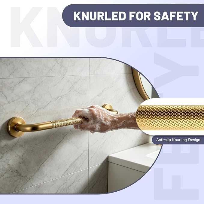 24 Inch Shower Grab Bar, Brushed Gold Anti Slip Safety Bars, 304 Stainless Steel Bathroom Handrail, Handicap Grab Bars for Wall, Shower Grip Handle for Seniors Elderly Injury Assist Bath (1.25" Dia)