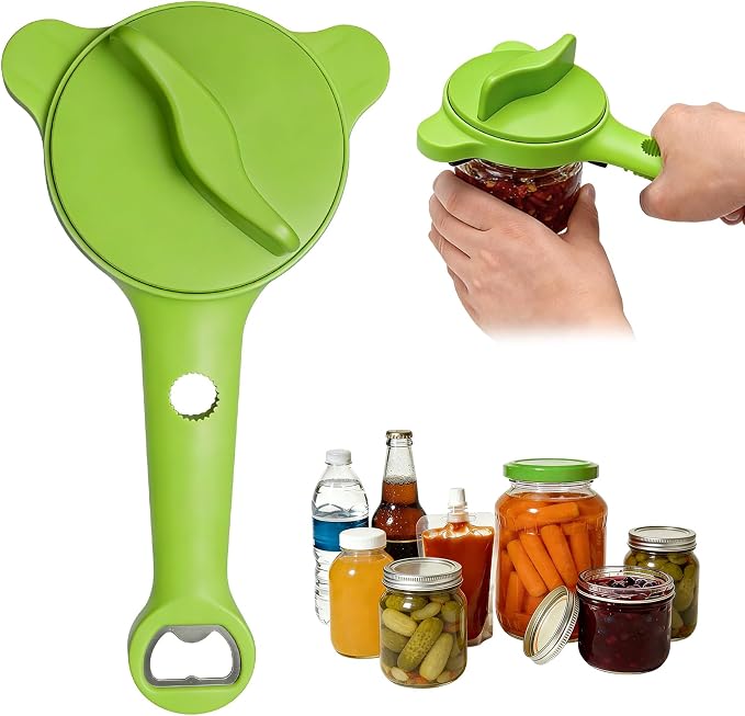 Multi-Functional 4-in-1 Jar Opener, Adjustable Stainless Steel Bottle Opener for Multi Size Jar Bottles with Ergonomic Non-Slip Handle Grip, Kitchen Helper for Seniors Weak Hands Arthritis