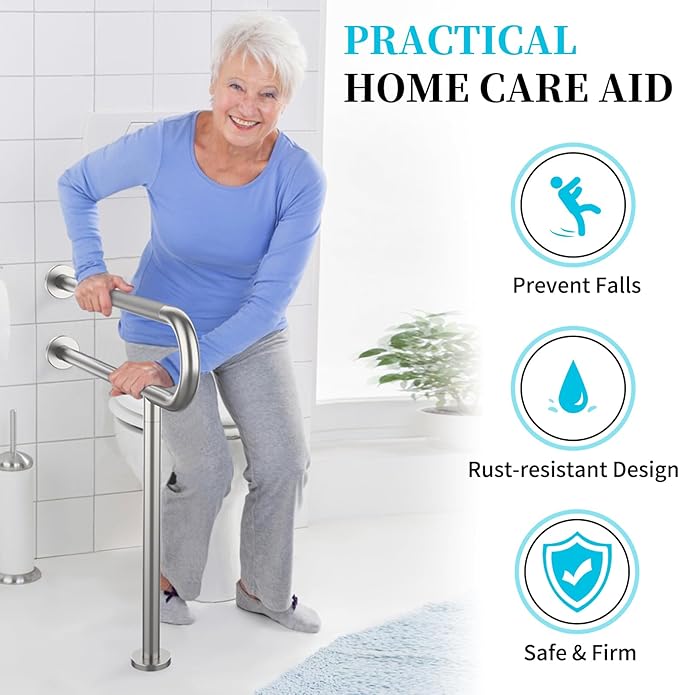 Toilet Support Rail 32 Inch, Munzong Anti-Slip Satin Brushed Nickel Handicap Grab Bar for Bathroom, Stainless Steel Knurled Safety handrails with Leg for Elderly Disabled Pregnant-1.25’Tube