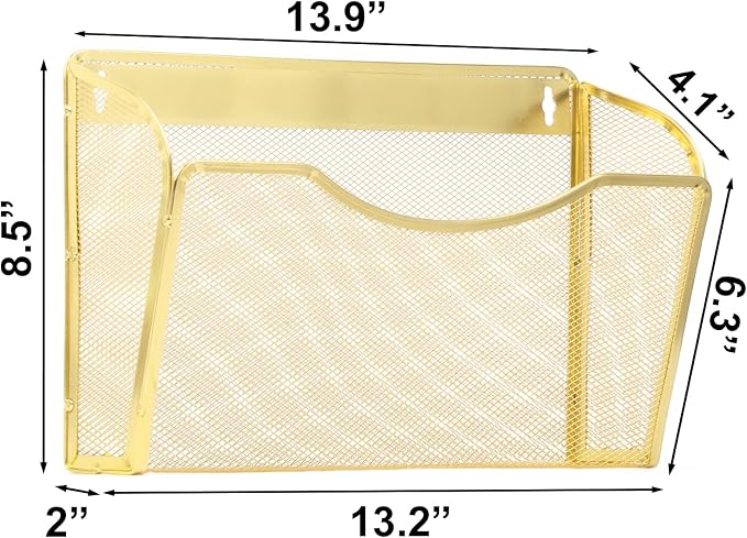 EASEPRES 3 Single Pocket Mesh Hanging File Organizer, Vertical Wall Mounted Magazine File Holder, Mount Basket Mail Paper Document Folder Organizing for Office, Home and School, Gold